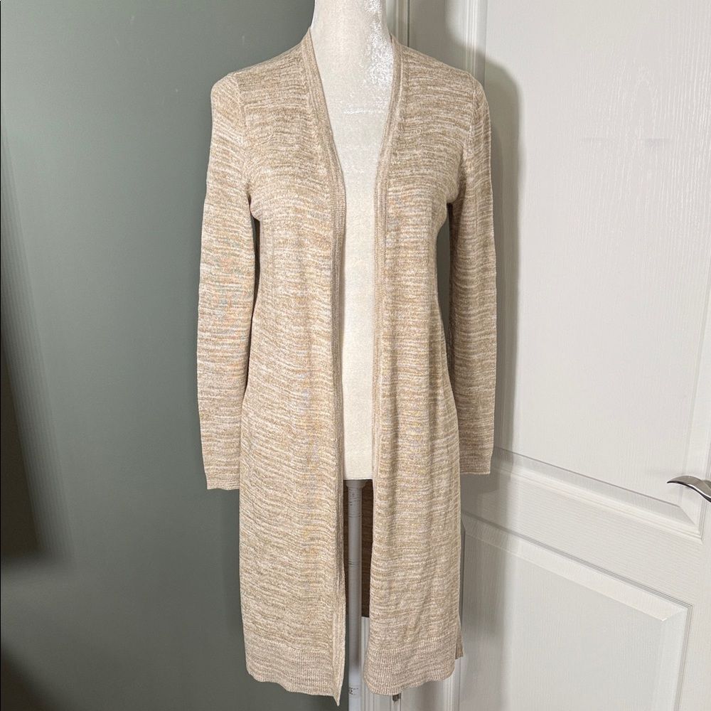Talbots Petite Open Front Knit Cardigan Neutral Tan and White Marble Size SP